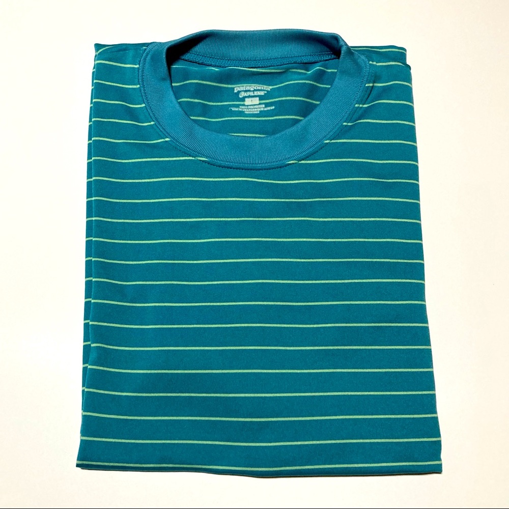 Patagonia Men's Striped Capilene T-Shirt Size Large Teal Turquoise